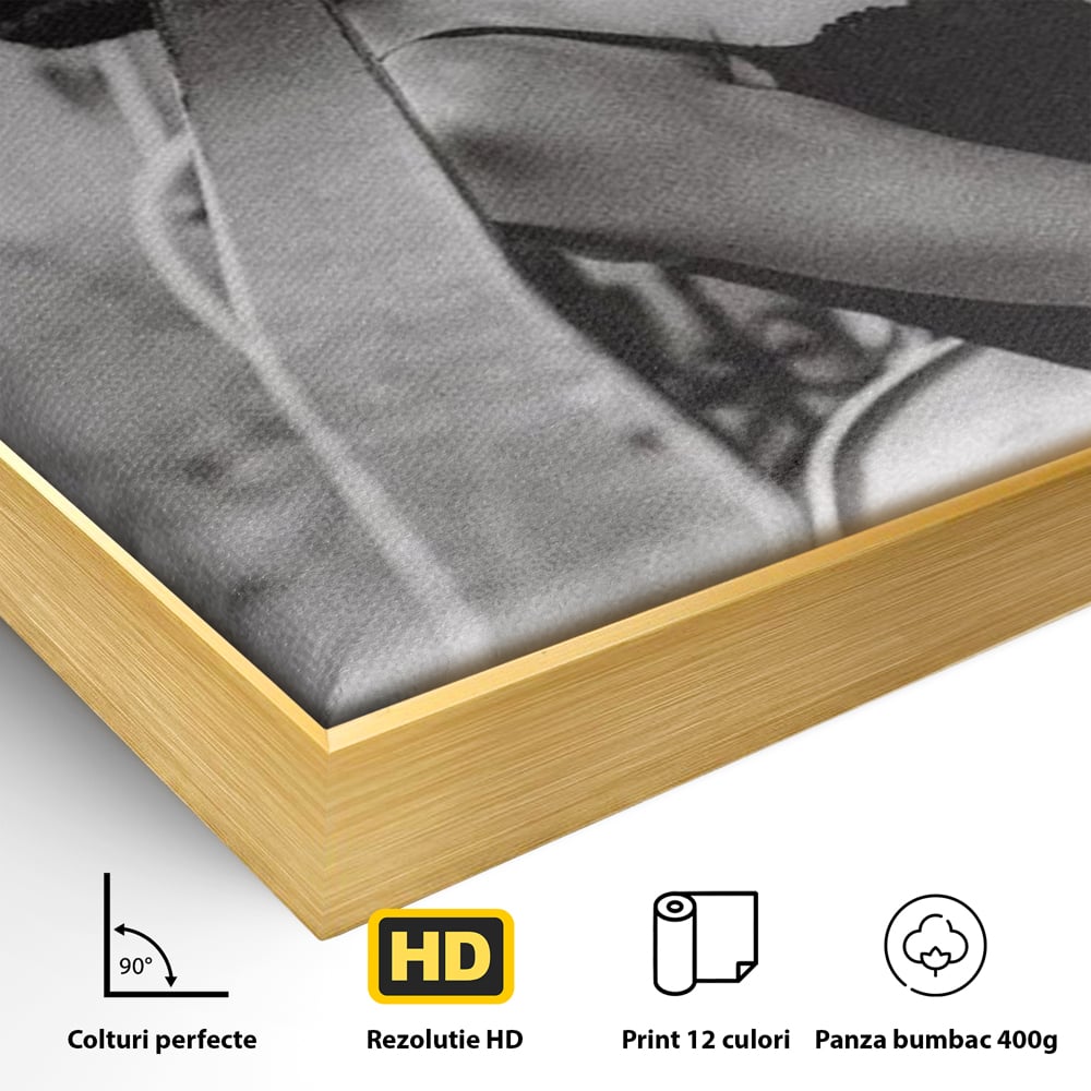 Detaliu al suprafetei: tablou canvas cu femeie fumand pe balcon, in rama de aluminiu auriu